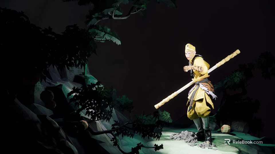 Detailed Traditional Hand Carved Figure Sculpture Holding Staff with Trees and Rocks 3d model 