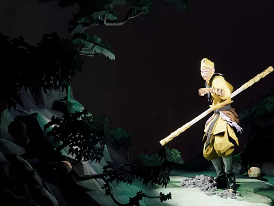 Detailed Traditional Hand Carved Figure Sculpture Holding Staff with Trees and Rocks 3d model