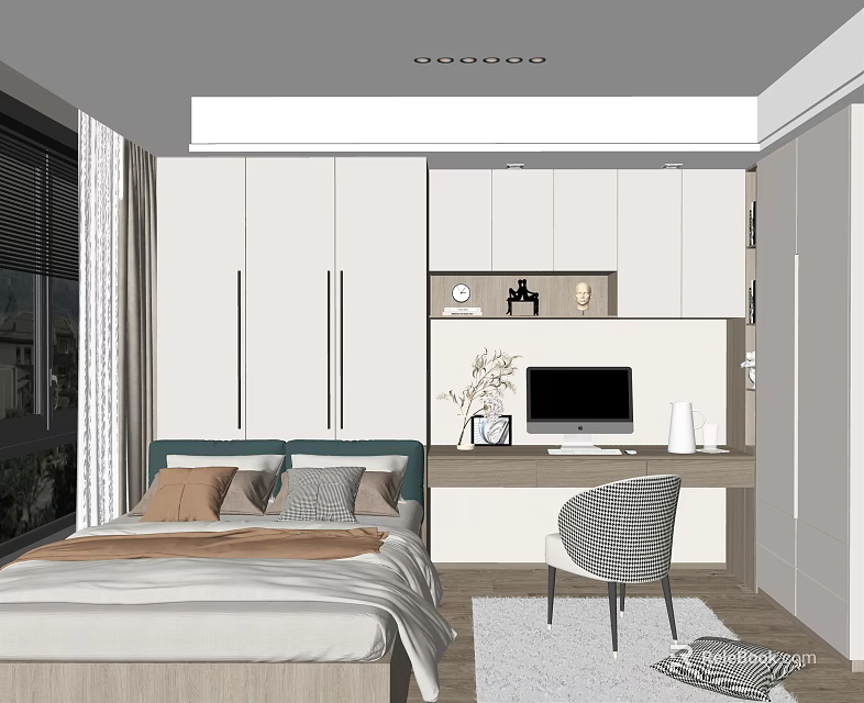 Modern Tatami Bedroom Interior Design With Bed Desk Computer And Cabinets 3d model