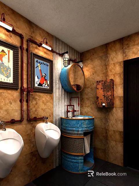 Vintage Style Public Restroom With Stone Wall Pipe Decorations And Blue Round Mirror 3d model 