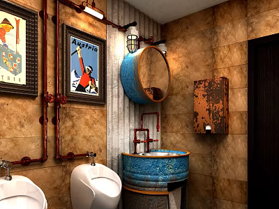 Vintage Style Public Restroom With Stone Wall Pipe Decorations And Blue Round Mirror 3d model