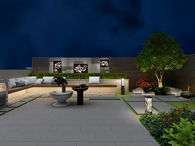 Tranquil Rooftop Garden Landscape With Night Lighting Sofa Stone Table And Green Plants 3d model