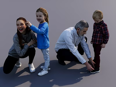 Family Group of People Interacting Crouching Adults Helping Standing Children in Casual Clothing 3d model