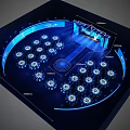 Elegant Banquet Hall With Starry Ceiling Stage Blue Lighting Round Tables And Chair Covers