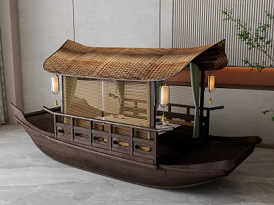 Traditional Wooden Boat With Wicker Roof And Lanterns In Indoor Setting 3d model