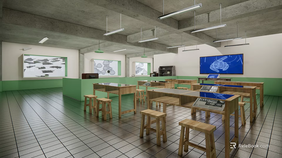 School Science Classroom With Wooden Tables Stools Interactive Screens And Charts On Walls 3d model 