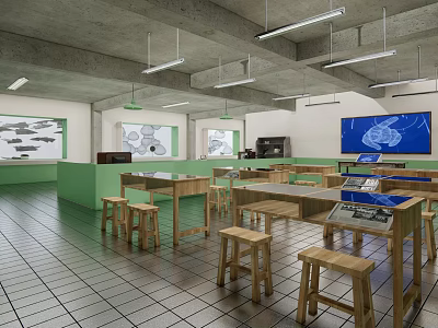 School Science Classroom With Wooden Tables Stools Interactive Screens And Charts On Walls 3d model