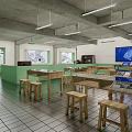 School Science Classroom With Wooden Tables Stools Interactive Screens And Charts On Walls