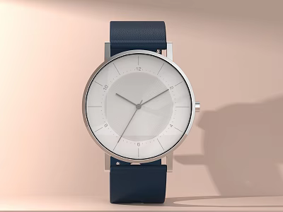 Minimalist Modern Watch With White Dial And Dark Blue Leather Strap 3d model