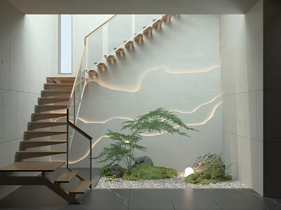 Modern Wooden Staircase With Wavy Light Wall And Indoor Landscape Stones Moss Small Tree 3d model