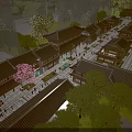 Traditional Chinese Commercial Street with Ancient Architecture Trees Illuminated Lights and Pedestrians