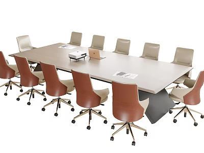 Modern Office Conference Table with Rectangular Design and Wheeled Chairs for Meeting Room 3d model