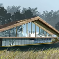 Wooden House With Large Windows And Wooden Exterior Surrounded By Trees In Sunset Sky