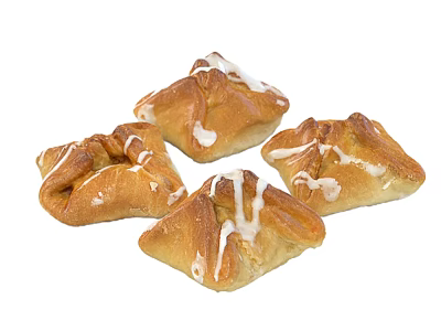 Four Flaky Pastry Treats Topped With Sweet Glaze On White Background 3d model