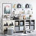Entryway Side Cabinet With Storage Baskets Decorative Shelves And Stuffed Animals 3d model