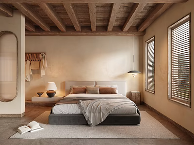 Hotel Guest Room With Wooden Ceiling Beige Walls And Bed With Gray Blanket 3d model