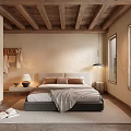 Hotel Guest Room With Wooden Ceiling Beige Walls And Bed With Gray Blanket