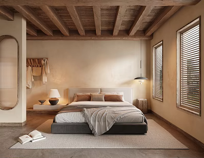 Hotel Guest Room With Wooden Ceiling Beige Walls And Bed With Gray Blanket 3d model