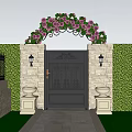 Elegant Iron Gate With Arched Purple Flower Trellis Stone Pillars Wall Lamps And Garden Greenery
