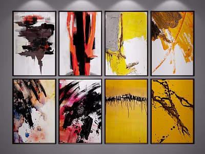 Modern Abstract Paintings With Vibrant Red Yellow Black And White Wall Art Decor 3d model