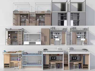 Modern Bunk Bed Designs With Desk Storage Cabinets And Space Saving Metal Frame 3d model