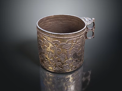 Elegant Vintage Engraved Metal Cup With Intricate Floral Scroll Patterns And Ornate Handle 3d model