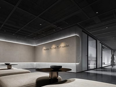 Modern Office Corridor Interior Design With Minimalist Beige Seating Round Tables And Glass Partitions 3d model