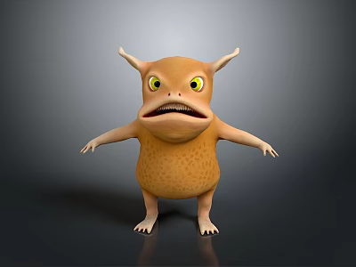 Orange Creature Character With Big Yellow Eyes Two Horns Open Mouth And Standing Pose 3d model