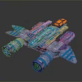 Blue And Silver Striped Spaceship With Red Glowing Engines And Orange Cockpit