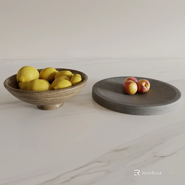 Fresh Lemons and Peaches in Wooden Bowl and Stone Plate on White Marble Countertop 3d model 
