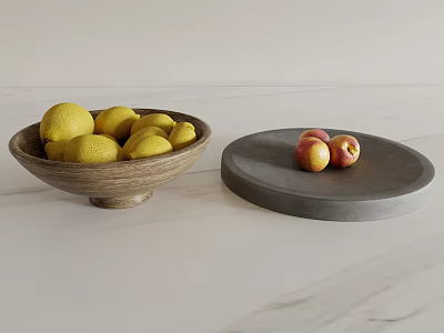 Fresh Lemons and Peaches in Wooden Bowl and Stone Plate on White Marble Countertop 3d model