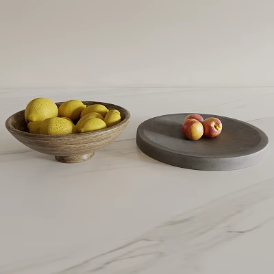Fresh Lemons and Peaches in Wooden Bowl and Stone Plate on White Marble Countertop 3d model