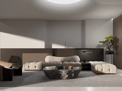 Modern Living Room Interior With Beige Sofa Coffee Table Rug And Floor Plant 3d model