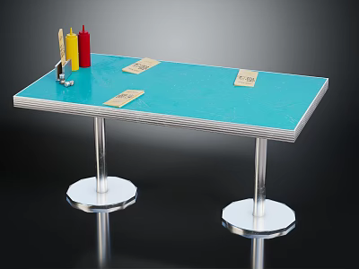 Blue Table with Silver Metal Legs Condiment Holder and Menu Tags on Tabletop 3d model