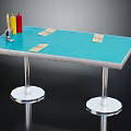 Blue Table with Silver Metal Legs Condiment Holder and Menu Tags on Tabletop