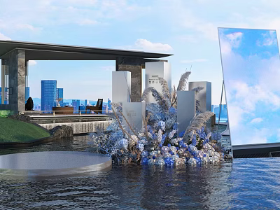 Elegant Waterfront Floral Installation With Modern Architectural Structure And Blue White Flowers 3d model