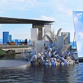 Elegant Waterfront Floral Installation With Modern Architectural Structure And Blue White Flowers