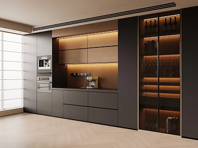 Sleek Modern Custom Wine Cabinet With Glass Doors Warm Ambient Light And Full Kitchen Storage 3d model