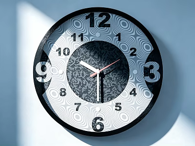Modern Circular Wall Clock With Black Numbers Pink Hands And Black White Spiral Pattern 3d model