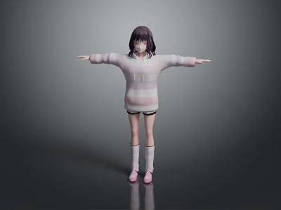 Child in Pink Striped Hoodie Black White Shorts Standing With Arms Outstretched Against Gray Background 3d model