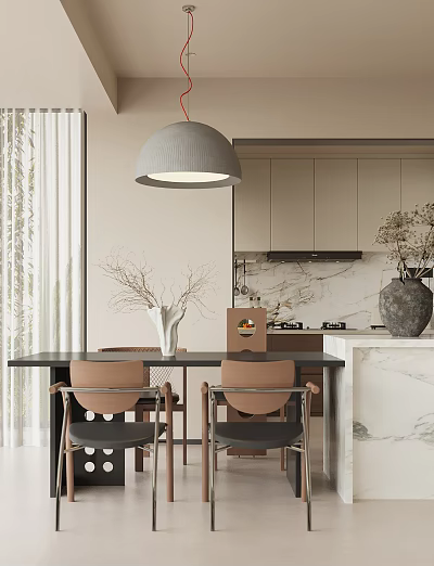 Modern Open Concept Living Dining Room With Pendant Light Dining Table Chairs And Marble Countertop 3d model