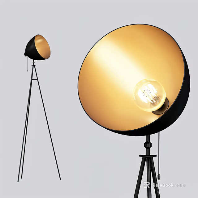 Floor Lamp with Black Tripod Stand and Golden Shade Featuring Illuminated Bulb and Warm Glow 3d model 