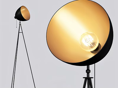 Floor Lamp with Black Tripod Stand and Golden Shade Featuring Illuminated Bulb and Warm Glow 3d model