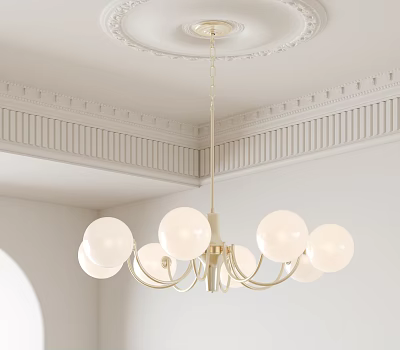 Elegant Chandelier with Round White Bulbs and Golden Frame Hanging from Decorative White Ceiling 3d model