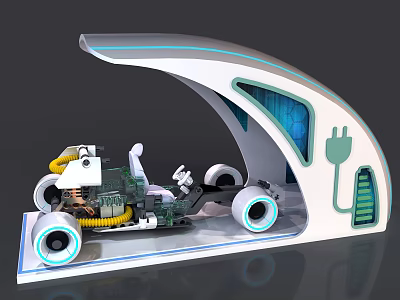 Futuristic Electric Car with Transparent Body Visible Internal Structure Charging Port and Illuminated Wheels 3d model