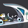 Futuristic Electric Car with Transparent Body Visible Internal Structure Charging Port and Illuminated Wheels