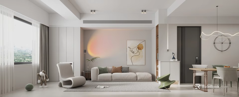 Modern Open Living Dining Room With Beige Sofa Green Chair Abstract Painting White Cabinets And Rug 3d model 