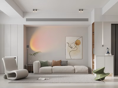 Modern Open Living Dining Room With Beige Sofa Green Chair Abstract Painting White Cabinets And Rug 3d model