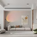 Modern Open Living Dining Room With Beige Sofa Green Chair Abstract Painting White Cabinets And Rug