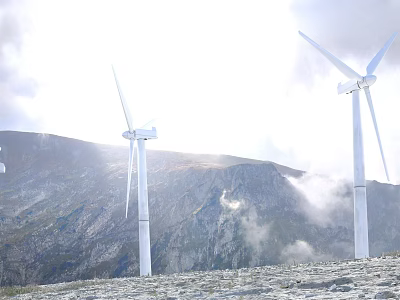 Tall White Wind Turbines Standing in Mountainous Landscape With Cloudy Sky 3d model
